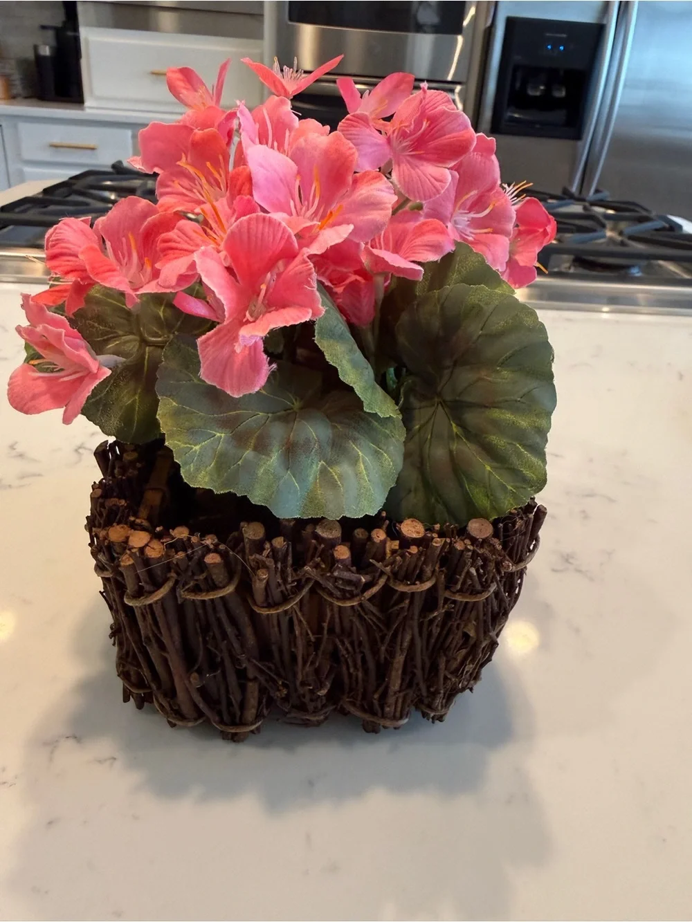 A.T. Imports Faux Pink Geranium Floral Arrangement Twig Basket Cottagecore